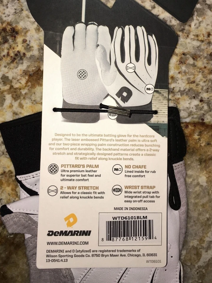Luvas de beisebol DeMARINI Stadium branco preto cinza NOVO adulto masculino tamanho M - Imagem 4 de 4