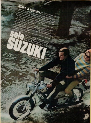 1966 Suzuki Dual Stroke White Motorcycle Photo Puddle Original Color Print Ad