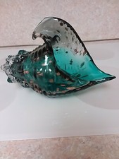 Beautiful Art Glass Blue and Gold HQT Conch Shell 8 1/2" tall