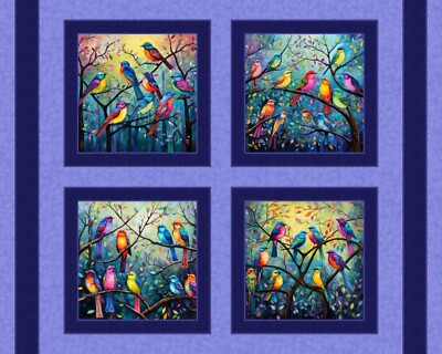 4 Feathered Friends Colorful Birds Pillow Panels Fabric 100% Cotton