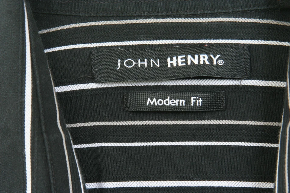 Dress Shirt Medium Cotton John Henry Long Sleeve Mans Striped Black White 1287 - Image 4 of 4