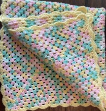 Handmade Crochet Baby Crib Afghan Blanket Multi Color 39" X 36" Acrylic Vtg