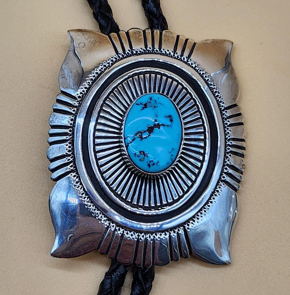 Navajo Thomas Singer Leather, Sterling Silver Bolo Tie Necklace