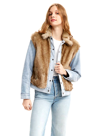 Levi's Womens Oversized Fur Stonewash Button Up Jean Denim Trucker Jacket Size S