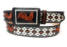 MEN'S EMBROIDERED WESTERN BELT, ROOSTER LEATHER BELT, CINTO VAQUERO CON GALLO