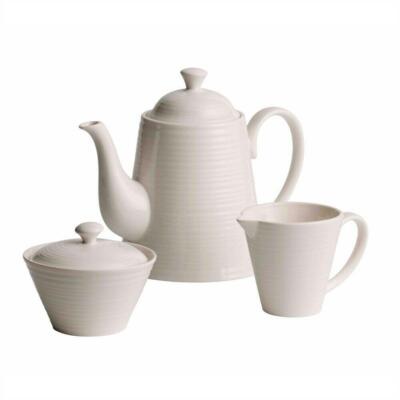 Belleek Ripple Weiß Getränkeset mit Teekanne, Sahnekännchen und Zuckerdose Neu