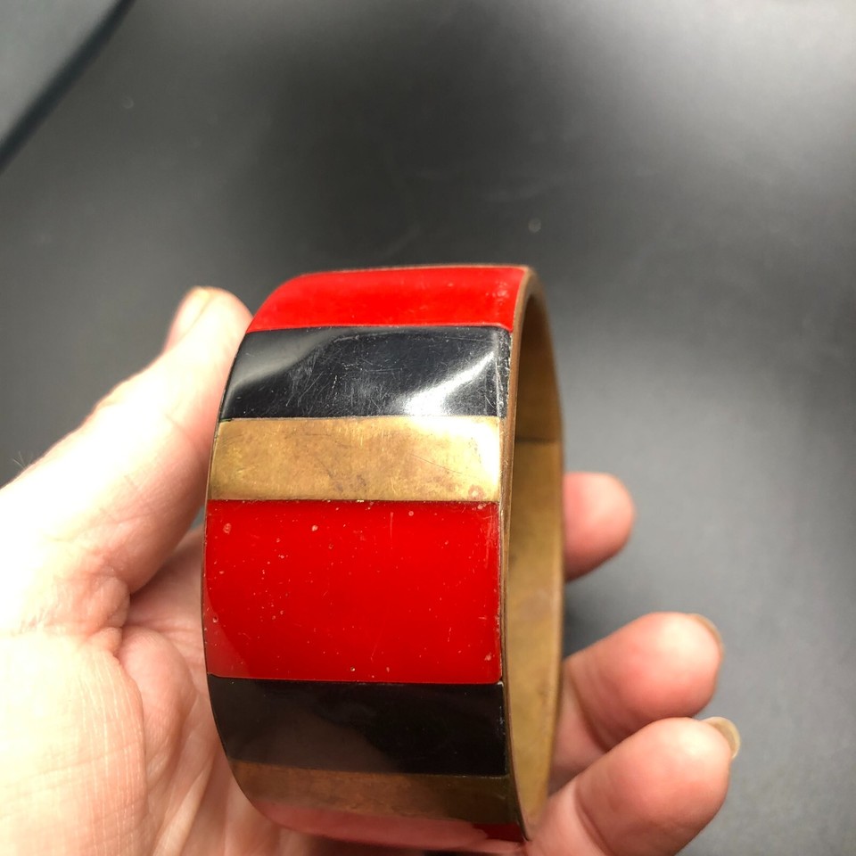 Vintage Metal and Acrylic Inlay Black and Red Bracelet on Brass Colored ...