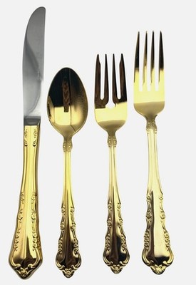 Vintage 1847 Rogers Bros Spring Flowers 22K Gold Electroplate Flatware Set 4 Pc