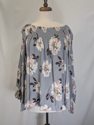 My Story Gray Pink Floral On Off Shoulder Bell Sleeve Blouse Women Size Medium