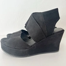Eileen Fisher Sandals Womens 10 Black Leather Cris Cross Lio Wedge Platforms