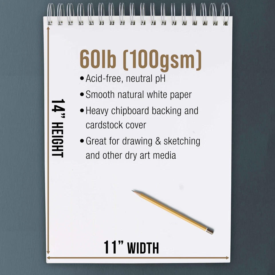11" x 14" Spiral Bound Sketch Pad, Pad of 100-Sheets, 60 Pound (100gsm) (2 Pads) - Image 3 of 4