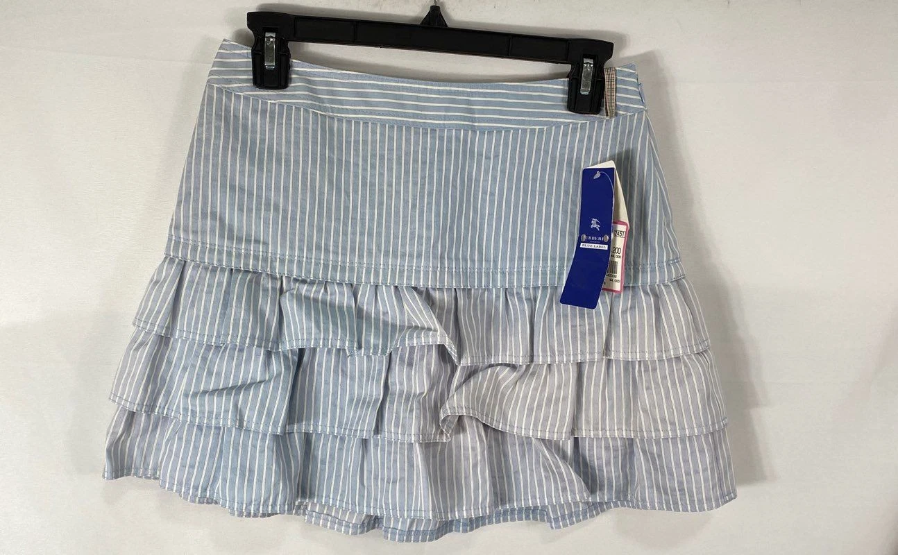 Burberry Blue Label Youth Women's Blue Pinstripe Tiered Ruffle Skirt Sz 36 NWT
