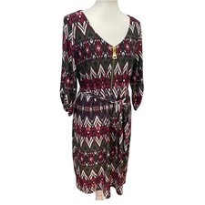 Tacera Womens 1X 3/4 Sleeve Geometric Pattern Belted Midi Lightweight Dress
