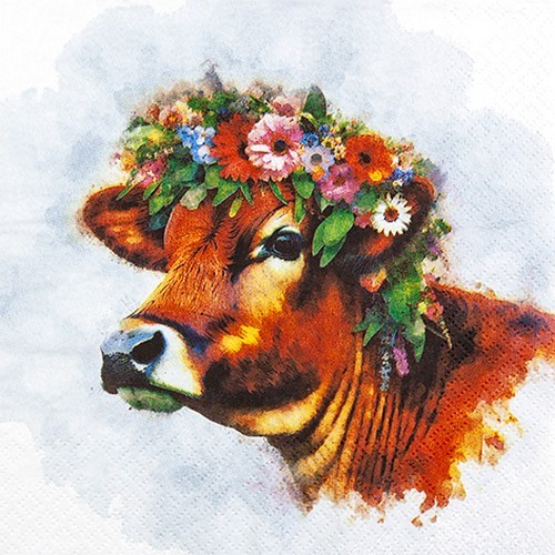 20 Servietten Muh Kuh Mit Blumenkranz Tiere Kopfschmuck Bauernhof Sommer 33X33Cm-image