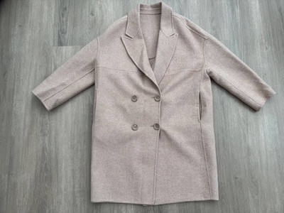 Vera Moda Women's Long Wool Coat Beige Herringbone Stripes Overcoat