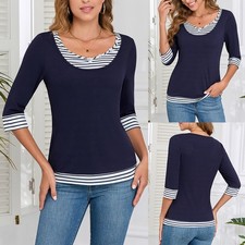 Women Striped 3/4 Sleeve T-Shirt Ladies OL Work Office Casual Slim Tops Blouse
