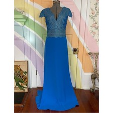 NWT Stunning Tadashi Shoji Nolan Lace Bodice Gown in Azure Blue Sz 8      