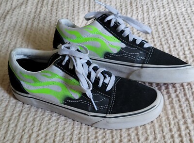 Vans Old Skool Skateboard Sneakers Black White Green Flames 507698 Mens 6, W 7.5
