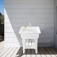 Utility Sink Laundry Tub Wash Bowl Basin Hot&Cold Faucet Washboard Freestanding