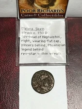 MALACA, SPAIN, AE11 eighth unit, 150 BC. Vulcan head in cap / Star - Rare G101