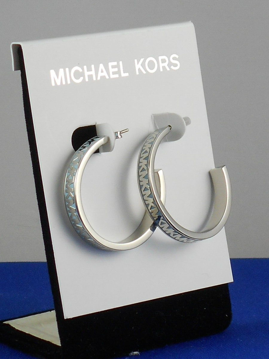 Michael Kors Silvertone Light Blue Enamel MK SIGNATURE Medium Hoop