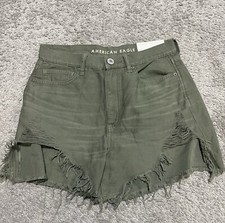 American Eagle Highest Rise Denim Mom Shorts Distressed Cut Off Olive Green Sz 6
