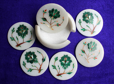 Marble Coaster Set Mit Edelstein-Einlegearbeit Dekor Und Geschenk, Weiß