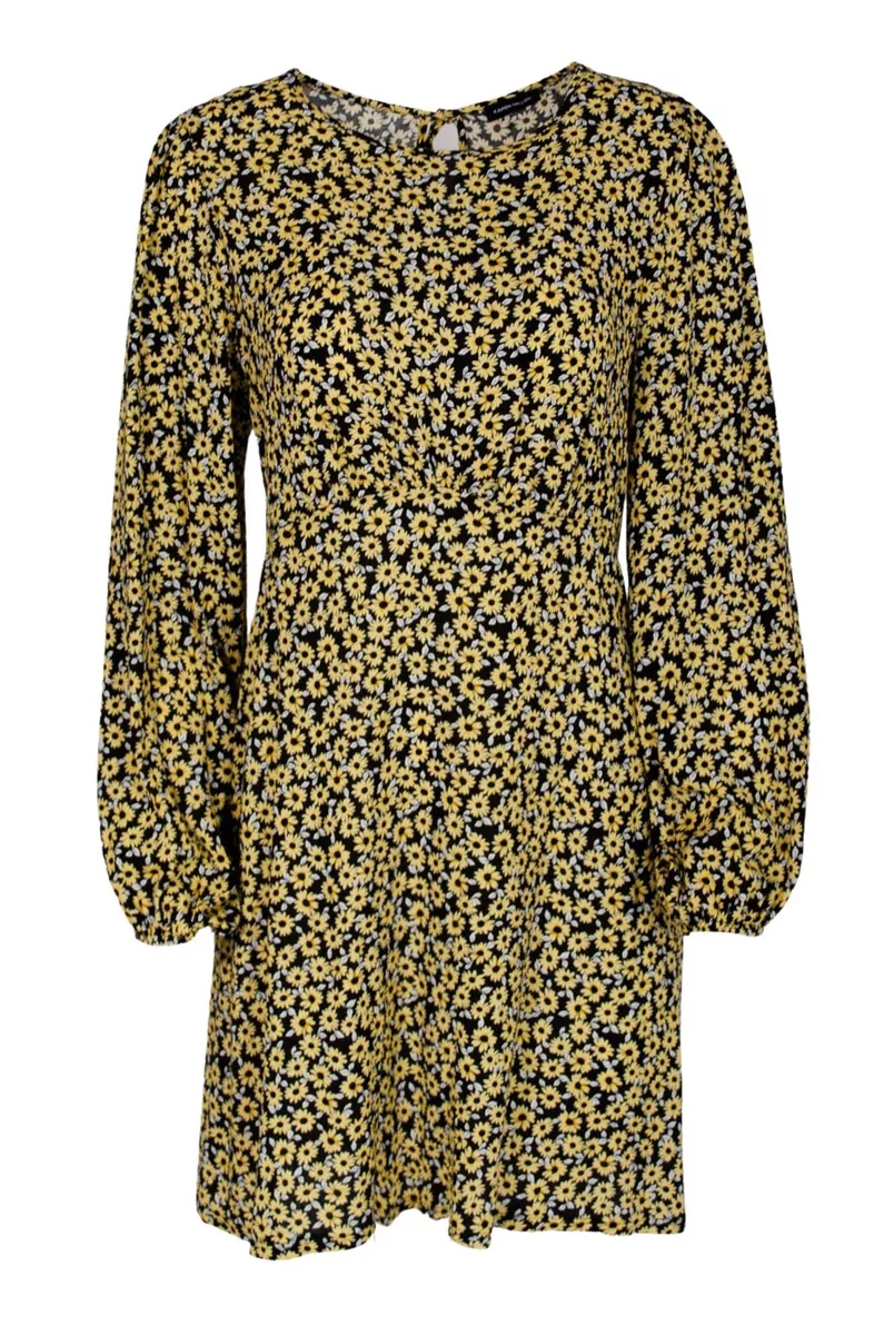 Boohoo Sunflower Print Long Sleeve Spring Dress Puff Sleeve Above