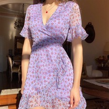 Women's Purple Floral Mini Dress Chiffon Ruffle V-Neck Boho Summer Sundress S-XL