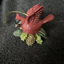 Resin Cardinal Red Bird Ornament on Branch With Holly And Pine Cones 