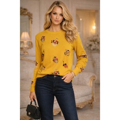 Embroidered Fruit Sweater Womens L Yellow Cottagecore Whimsical Cozy Novelty
