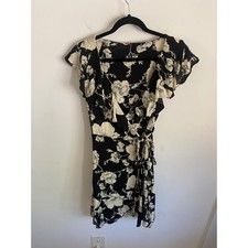 Free People Black Cream Floral Wrap Mini Dress Ruffle Flutter Sleeve V-Neck