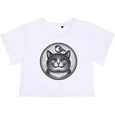 'Funny Cat & Bird' Women's Cotton Crop Tops (CO045397)