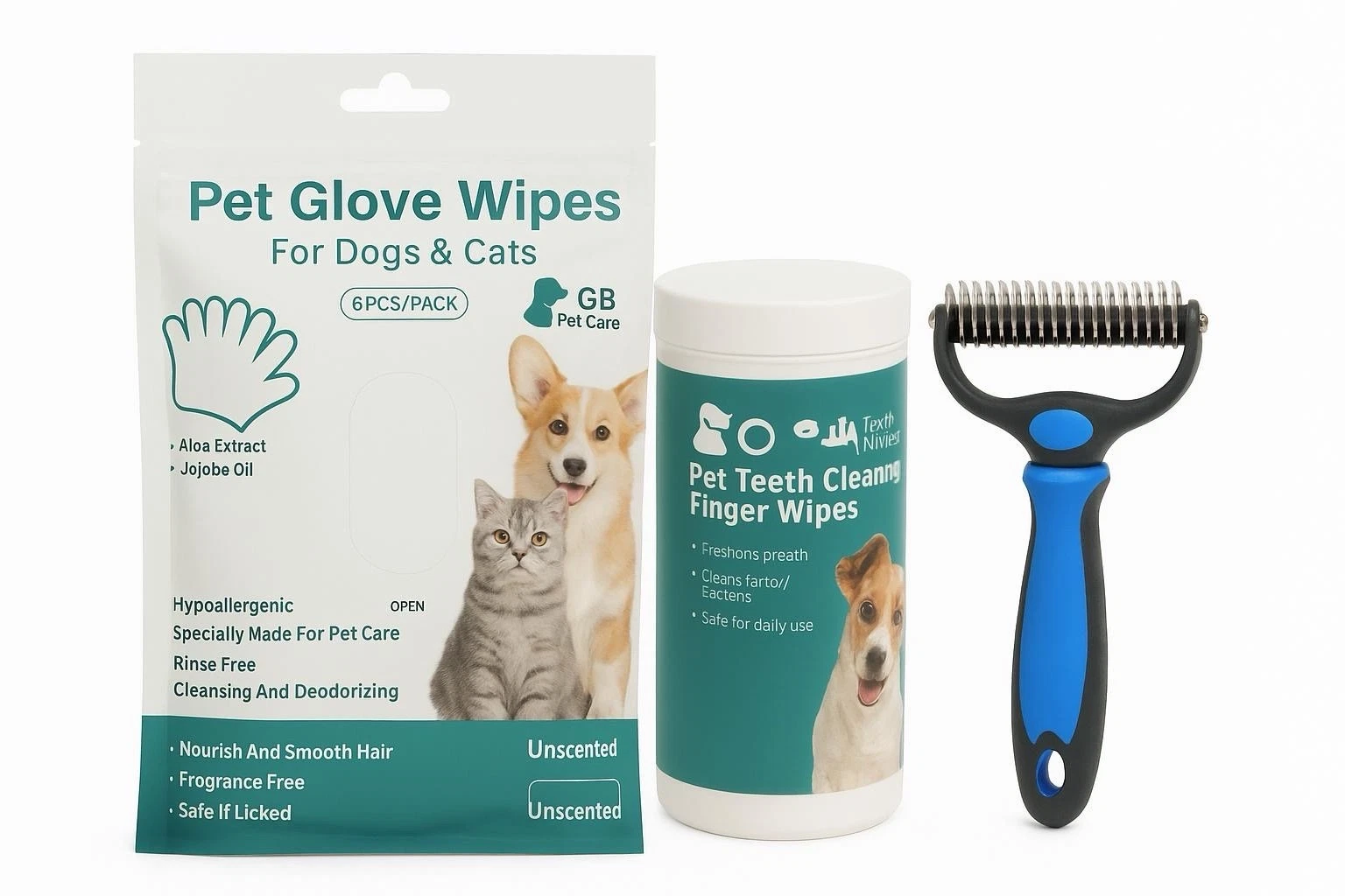 Pet Care Kit for Dogs & Cats Glove Wipes + Teeth Finger Wipes + Deshedding Brush
