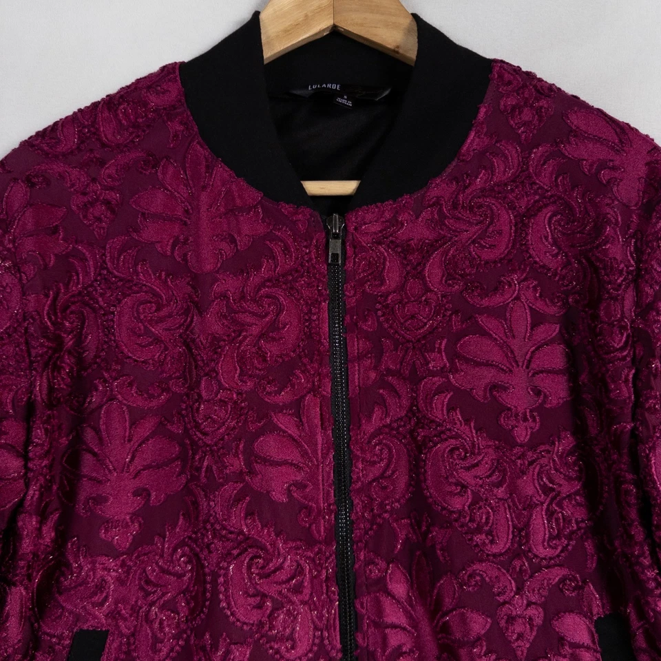 Lularoe Elegant Stevie Bomber Jacket Sz Small Pink Purple Damask Velvet Zip Up - Image 2 of 4
