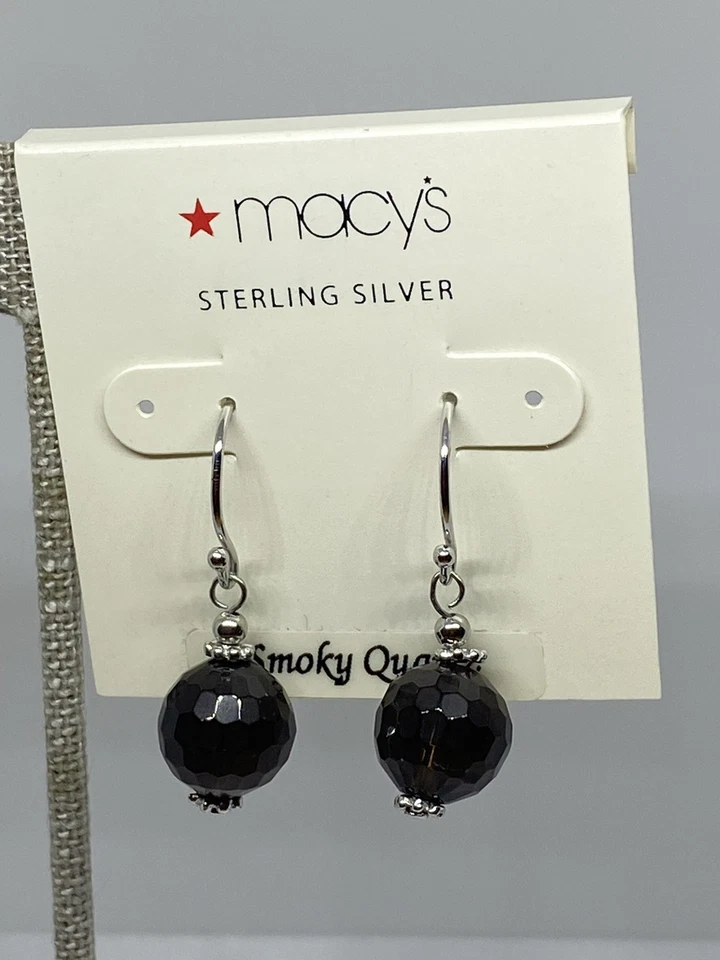 "Pendientes perforados colgantes de cuarzo ahumado de plata de ley Macy's de 1,25""" Foto 3 de 4