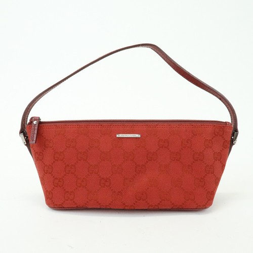GUCCI Boat Bag GG Canvas Leather Accessory Pouch Hand Bag Red 07198 Used F/S