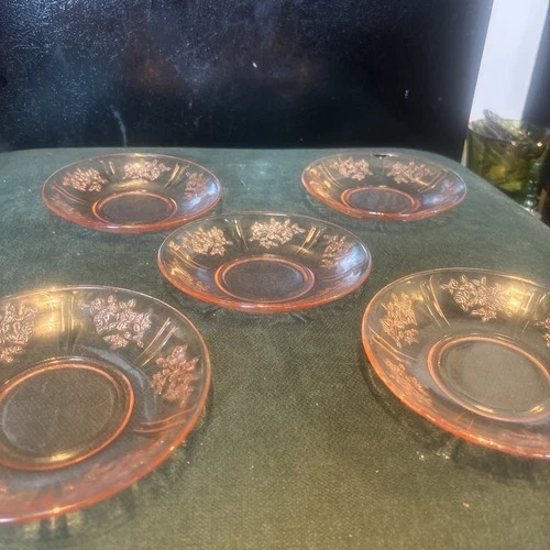 Set 5 Vintage Pink Federal Depression Glass Sharon Cabbage Rose Saucers 6"