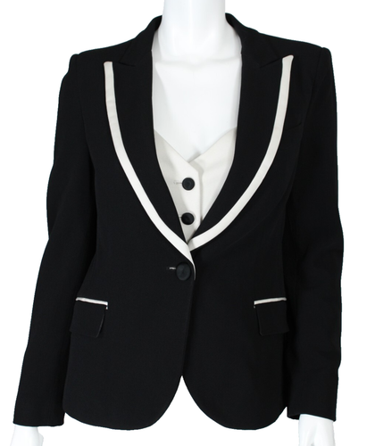 MOSCHINO Vintage Black Crepe Knit White Trim Built-In Vest Blazer Jacket 48
