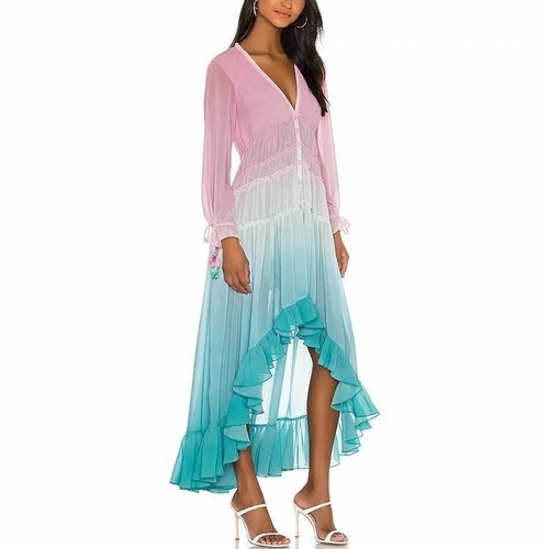 Abito lungo da festa moda donna Deep V maniche lunghe stampa sfumata nuovo - Foto 3 di 5