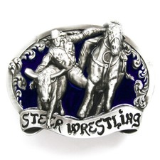 Steer Wrestling Cowboy Rodeo Western Blue Enamel Metal Belt Buckle