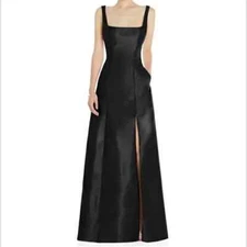 Alfred Sung Hunter Black Square Neck Satin A-Line Gown Size 6 $261 D826
