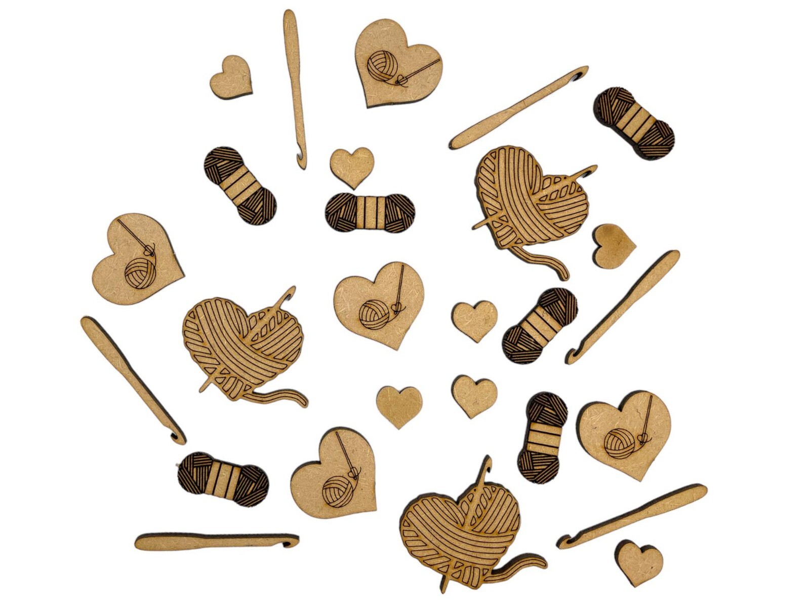 Crochet Sewing Set Wool 26pc Wood Craft Embelishments Laser Cut Shapes
