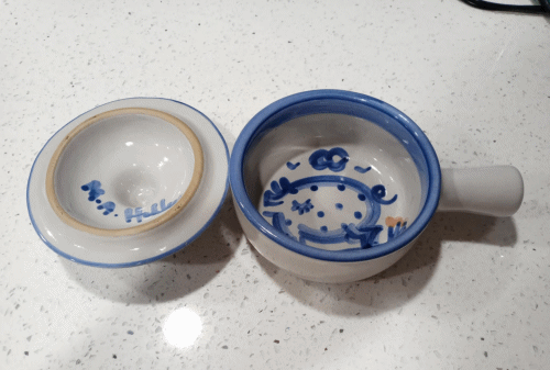 M.A. Hadley Pottery Deep Serving Bowl Pot w/Lid and Handle Blue Pig Design RARE - Picture 1 of 2