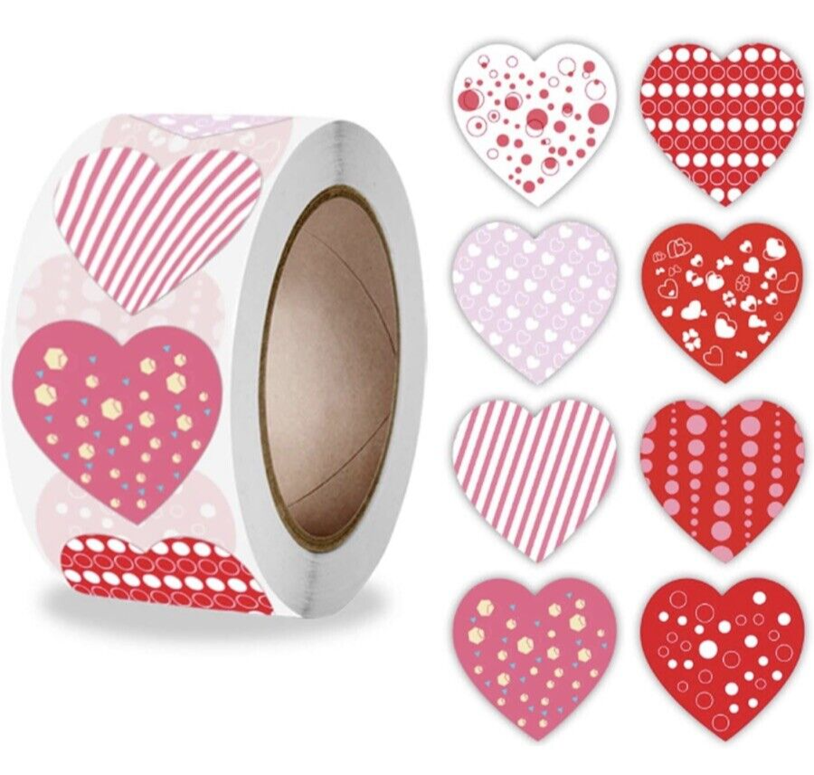 500-Piece Valentine's Day Sticker Roll - 1 Inch Heart Labels For Gifts & Decor