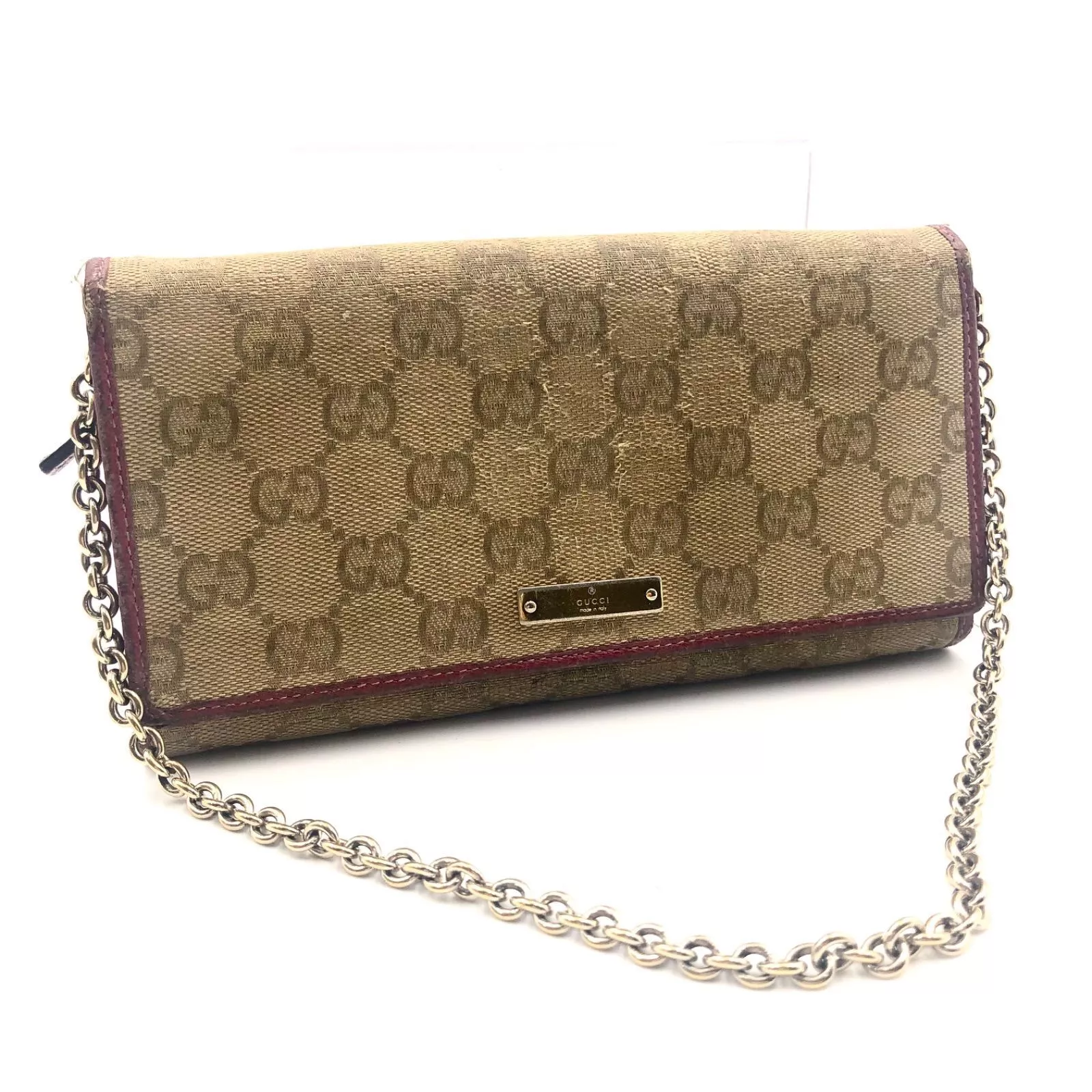 Portefeuille GUCCI GG toile cuir sur chaîne marron