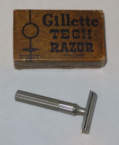 1940's GILLETTE TECH FAT HANDLE DE Safety Razor w/ Original Box - NICE
