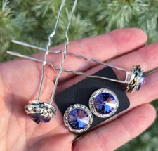 Purple crystal 15mm hairpins & earring set. Horse show accessories Saddle Seat