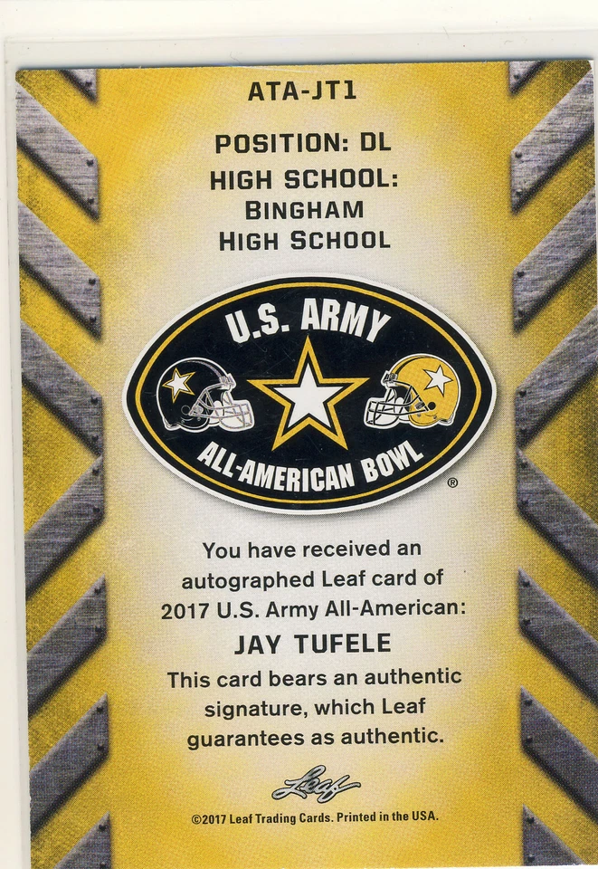 JAY TUFELE 2017 Leaf US Army All American TOUR AUTO /25 BENGALS - Image 2 of 2
