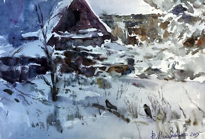 Watercolor Hand Painting First Snow Mikhailichenko V Original Wall Hanging n1364